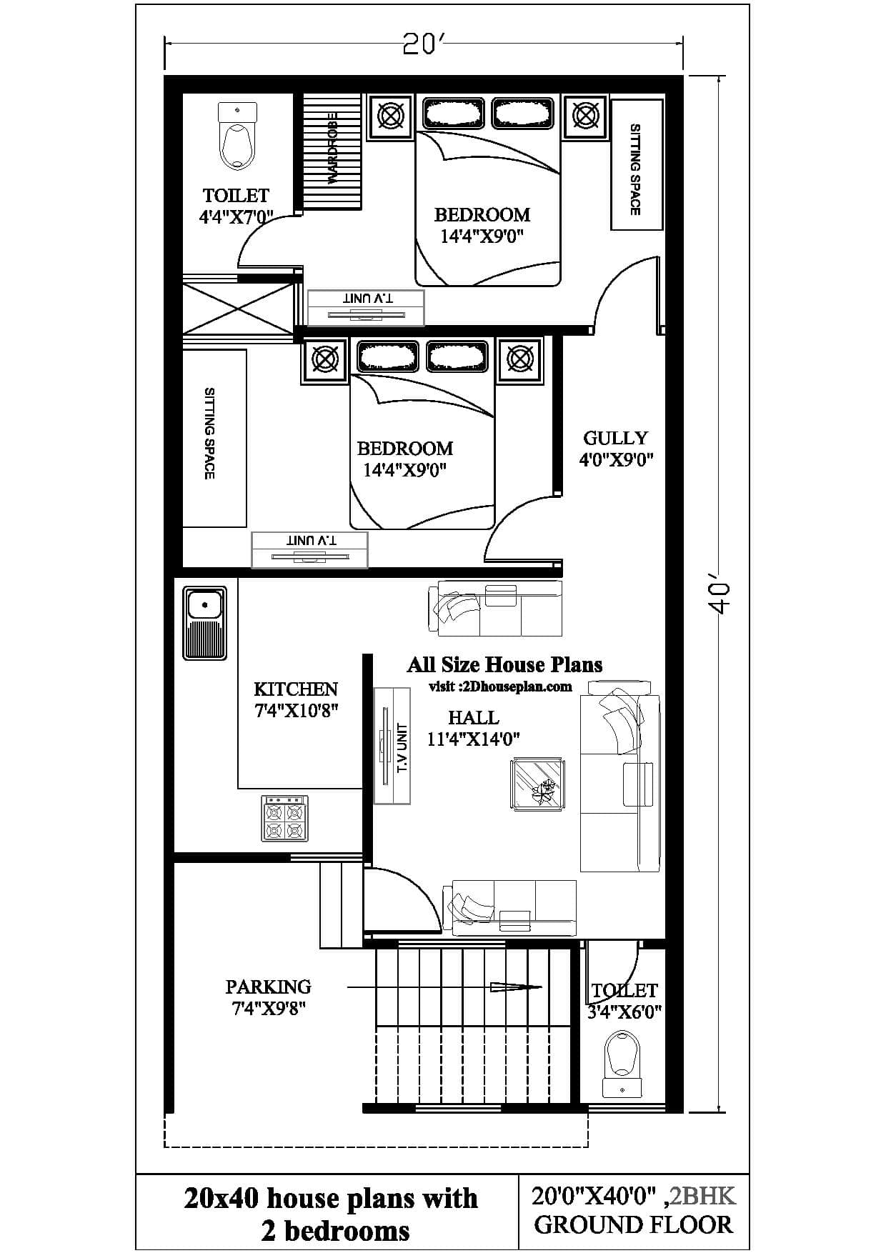 20x40 house plans with 2 bedrooms