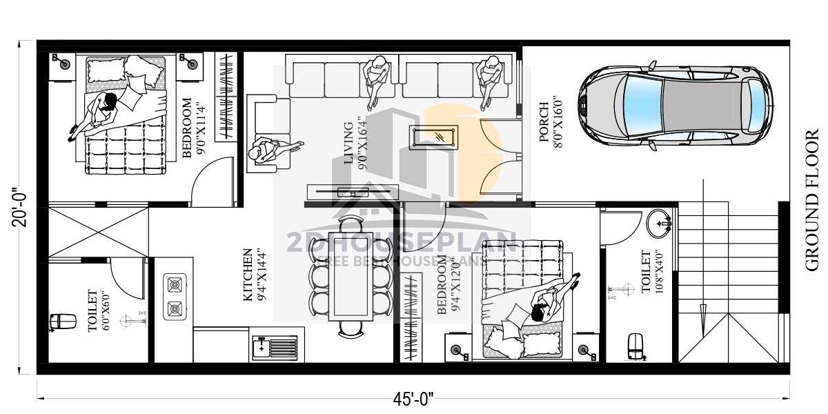 20x45 Small Family House Plans 2 Bedroom