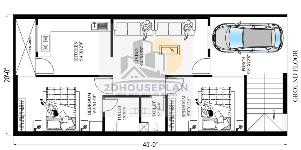 20x45 house design 2bhk