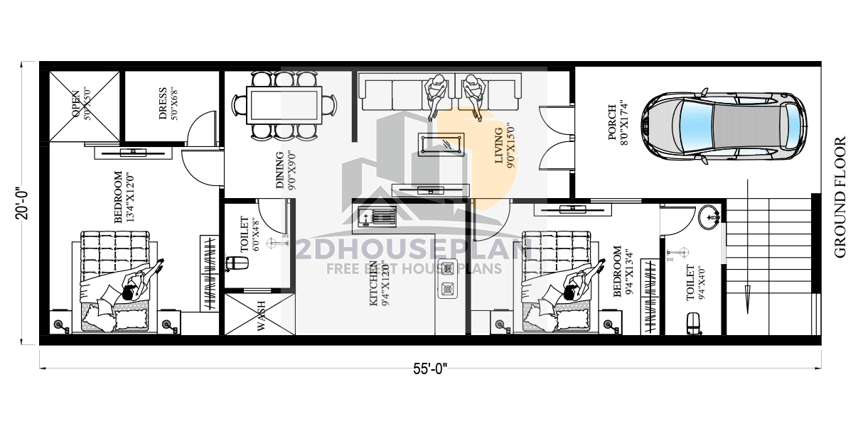 20 x 55 Feet House Plans Low Budget