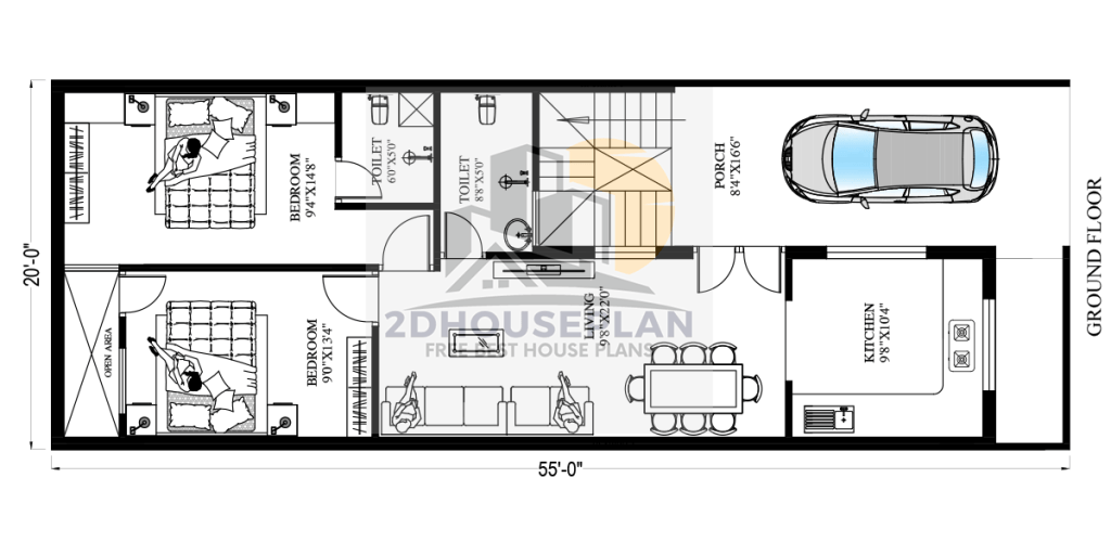 20 x 55 feet low budget house plans