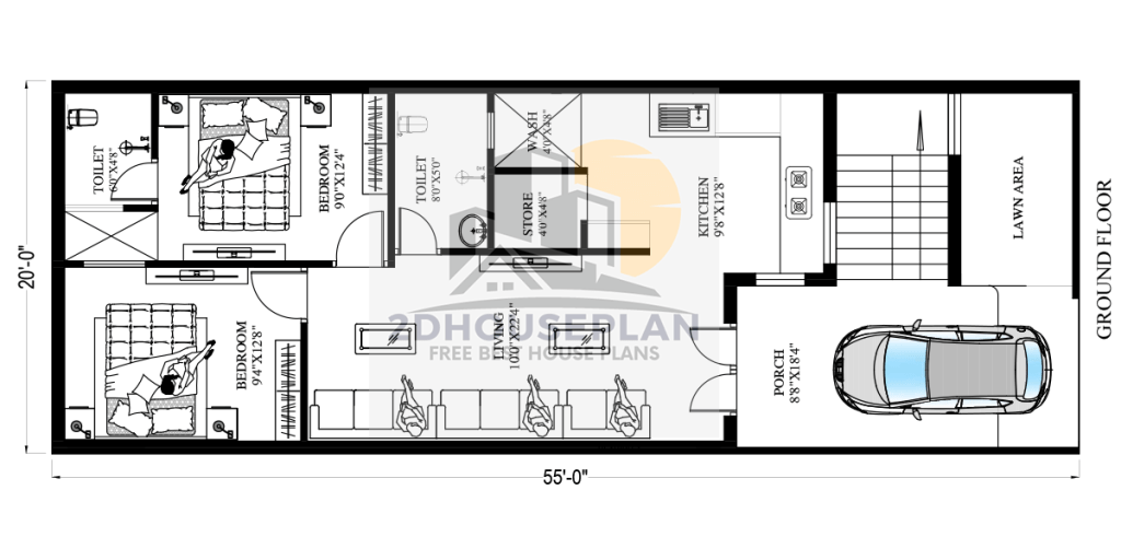 20 x 55 modern low budget house plans 2 bedroom