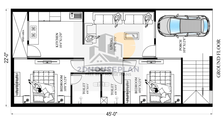 22x45 House Plan 2bhk With Car Parking