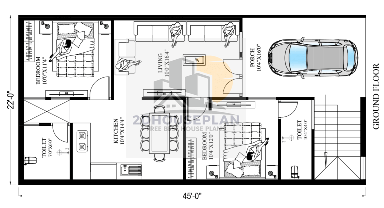 22x45 House Plan 2bhk With Car Parking