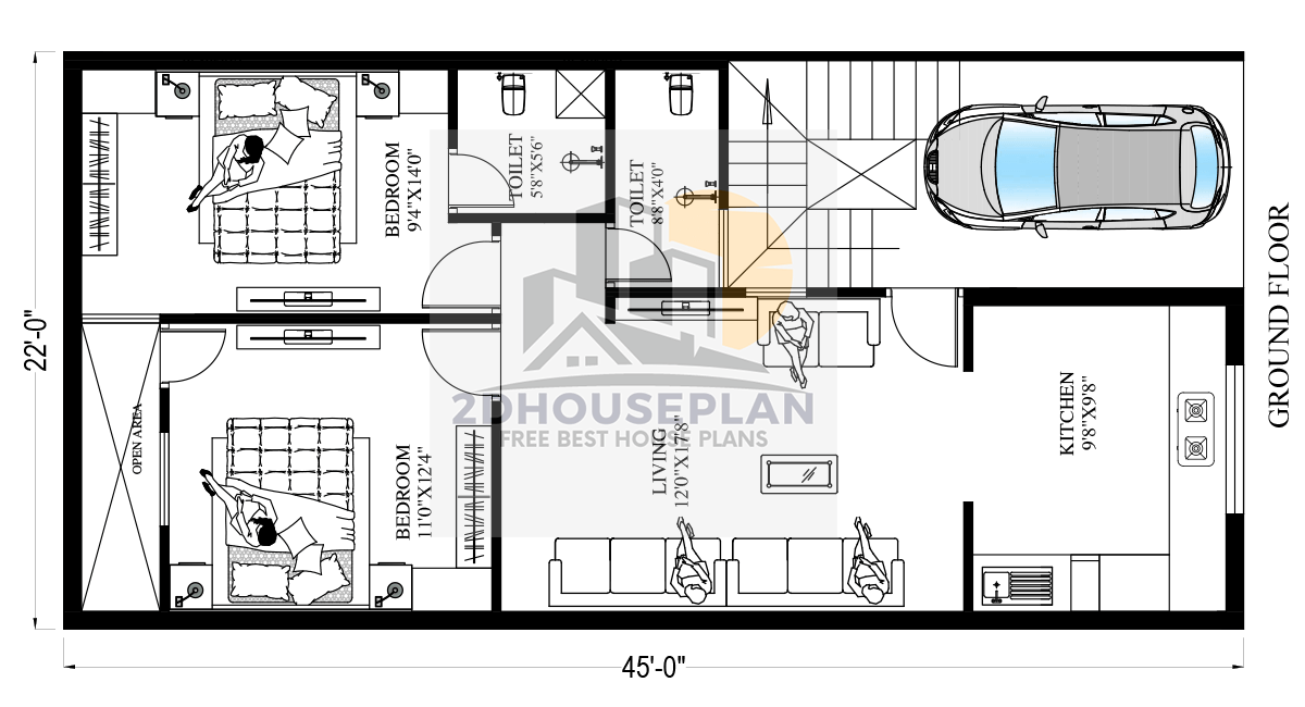 22x45 House Plan 2bhk With Car Parking