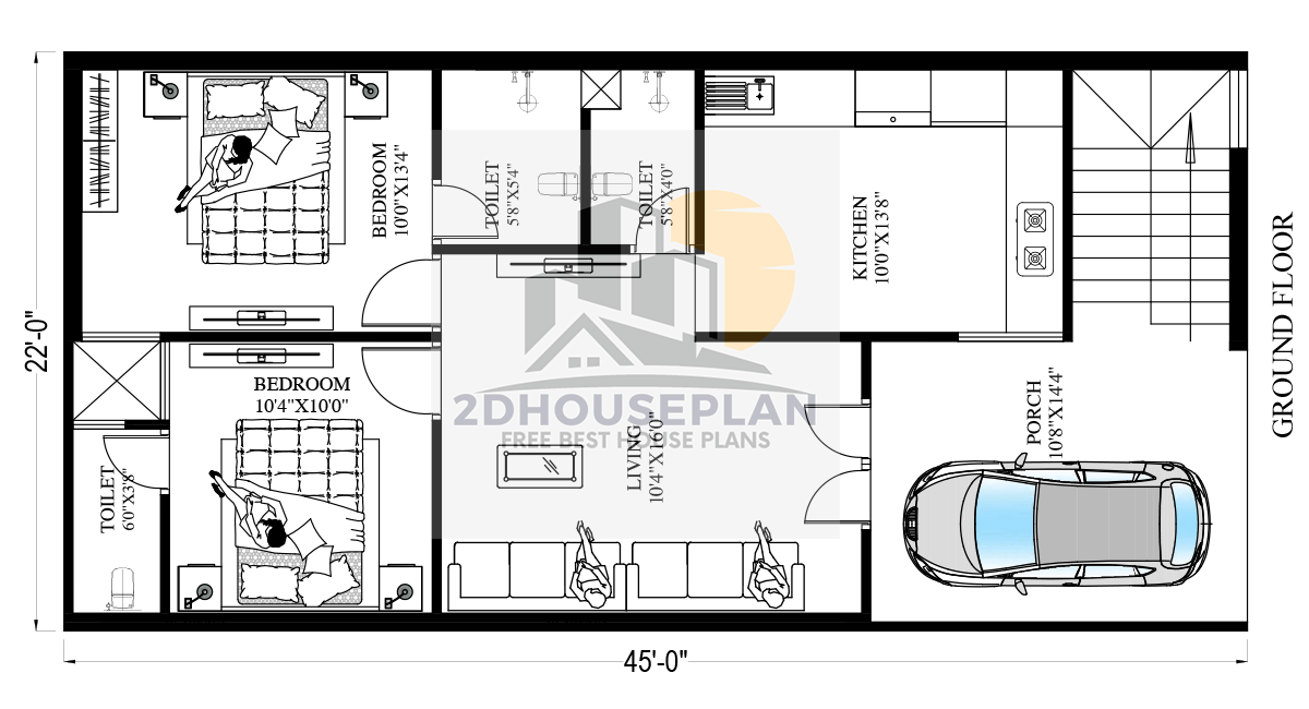 22x45 House Plan 2bhk With Car Parking