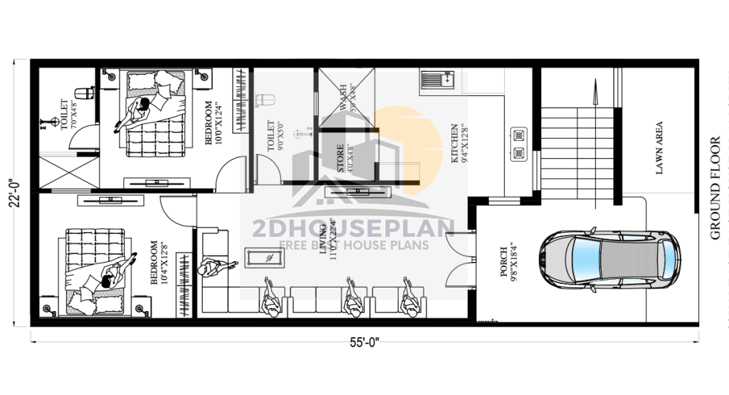 22 x 55 feet house plans with car parking