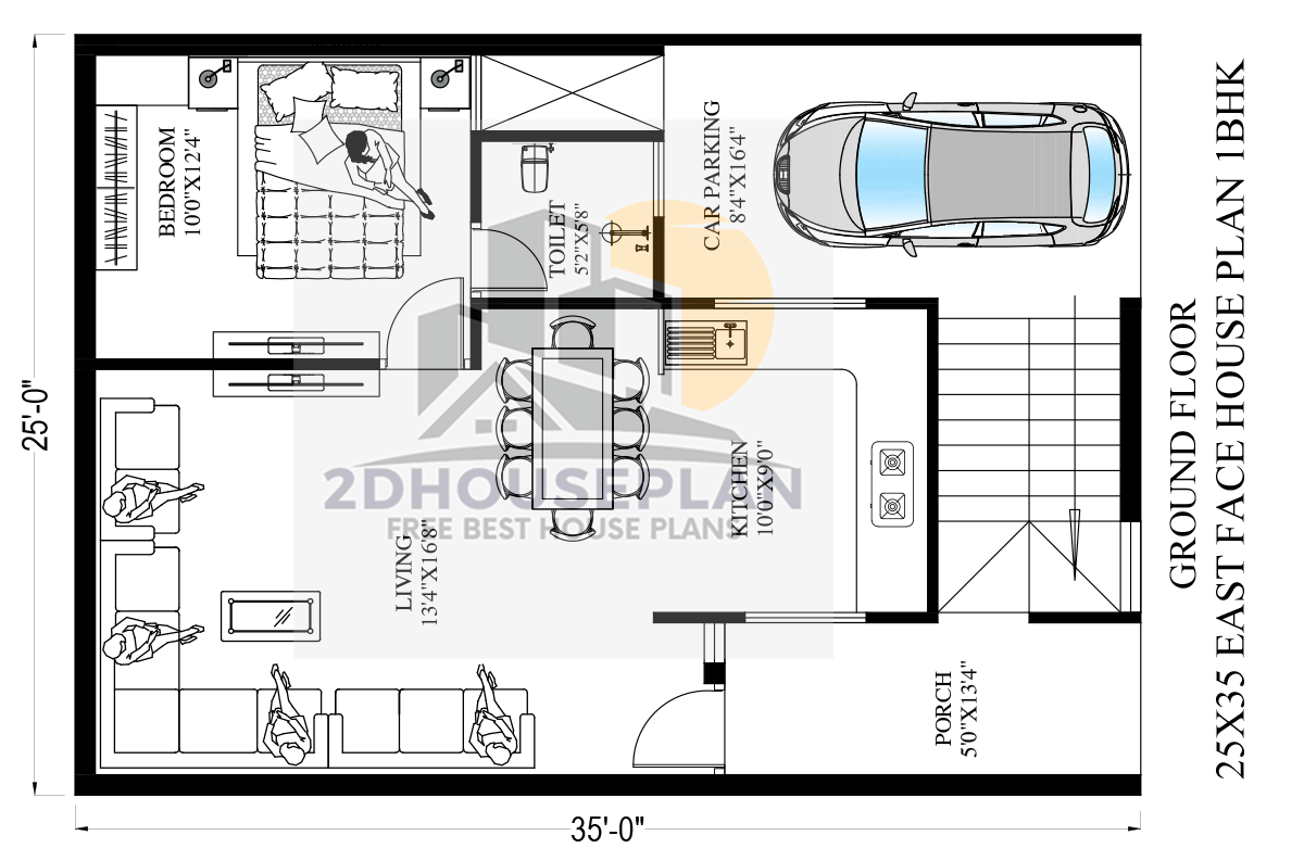 Simple 1BHK 25 By 35 House Design With Parking | 875 Sqft