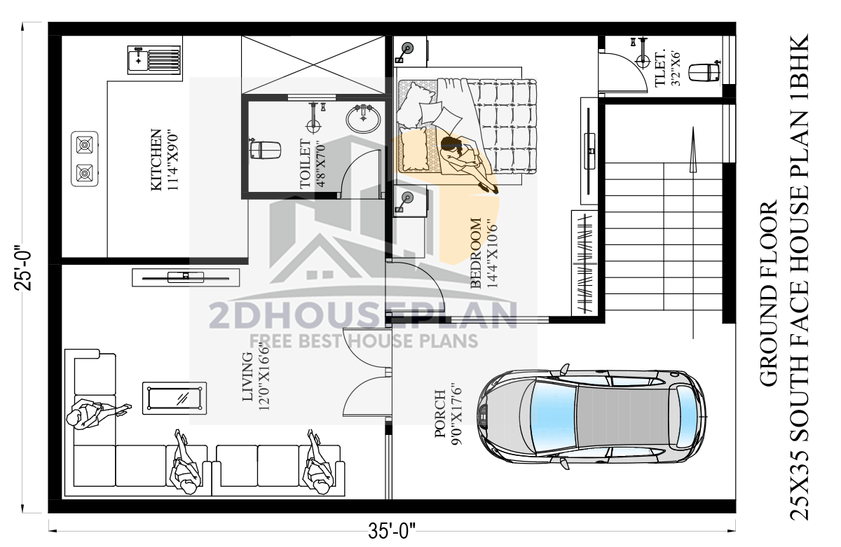 Simple 1BHK 25 By 35 House Design With Parking | 875 Sqft