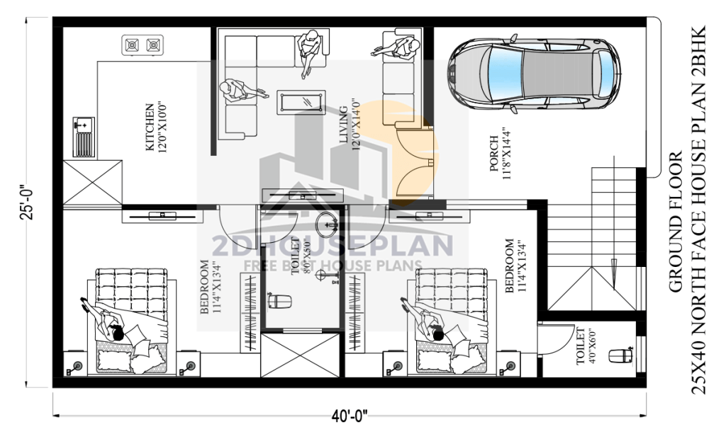 25*40 house plan 2 bedroom