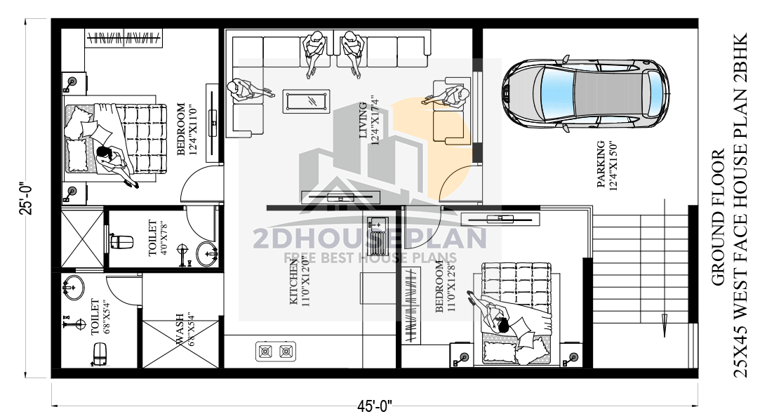 25 x 45 House Plans 2 Bedroom Small Family Plan