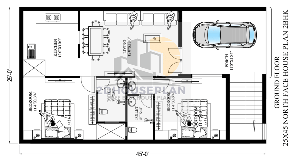 25 x 45 2 bedroom small family house plans with car parking