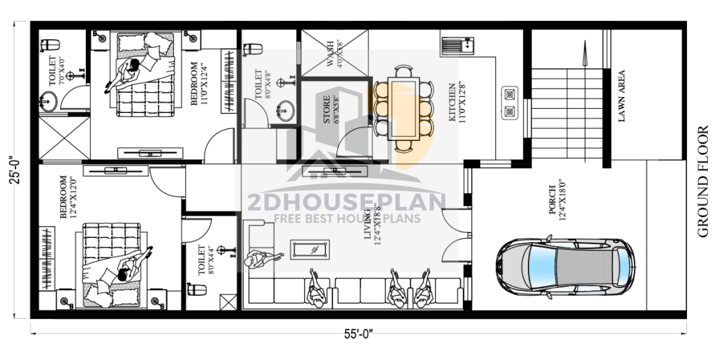 25x55 Feet House Plans 2 Bedroom