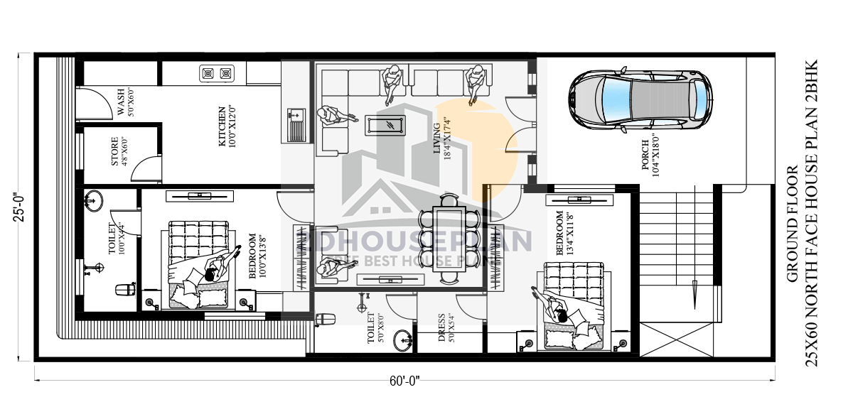 25 x 60 house plan 2bhk small family with parking