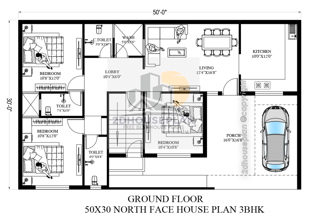 50x30 north facing 2d floor plan