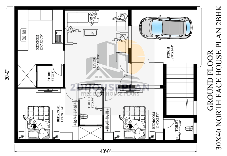30x40 house plans 2 bedroom North Facing