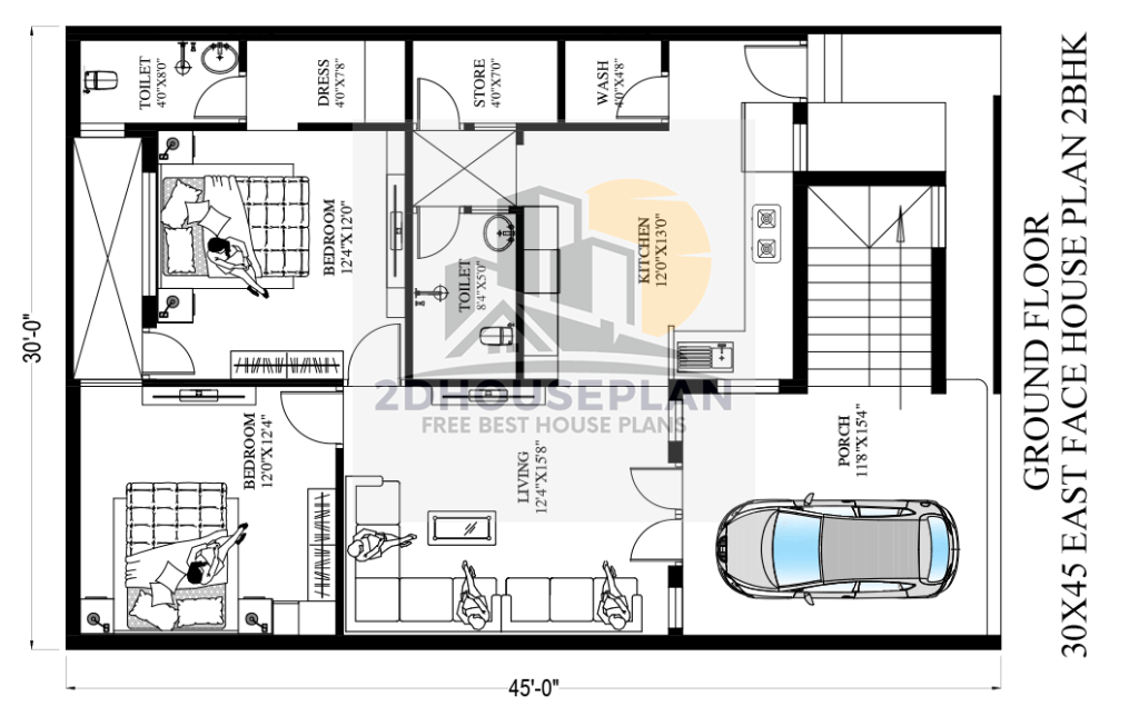 30*45 house plan with car parking east facing