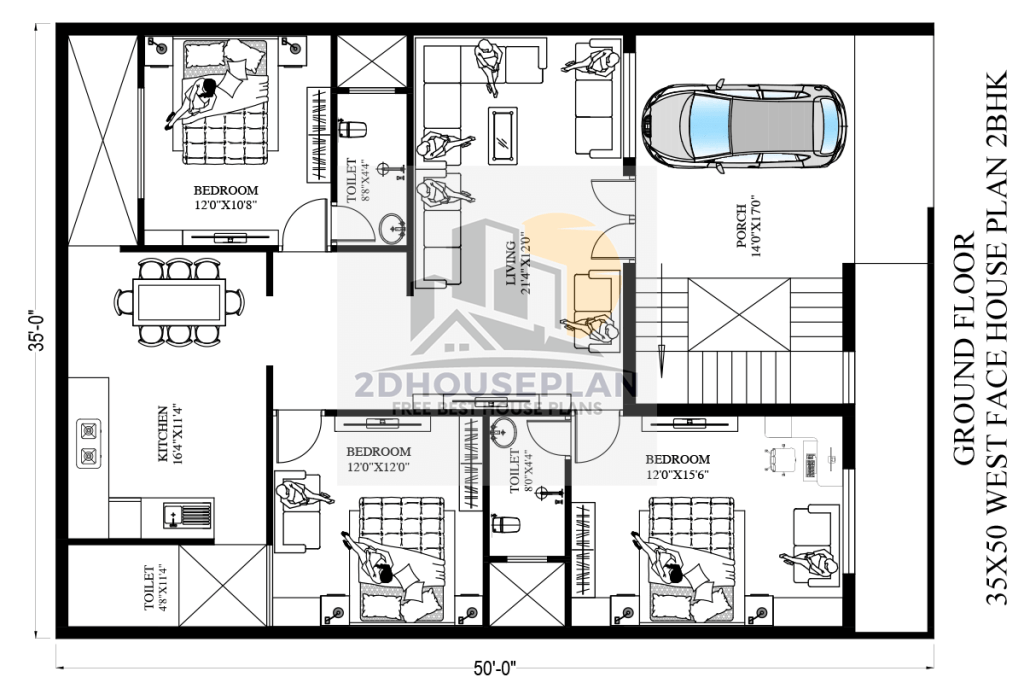 35 by 50 house plan 2 bedroom