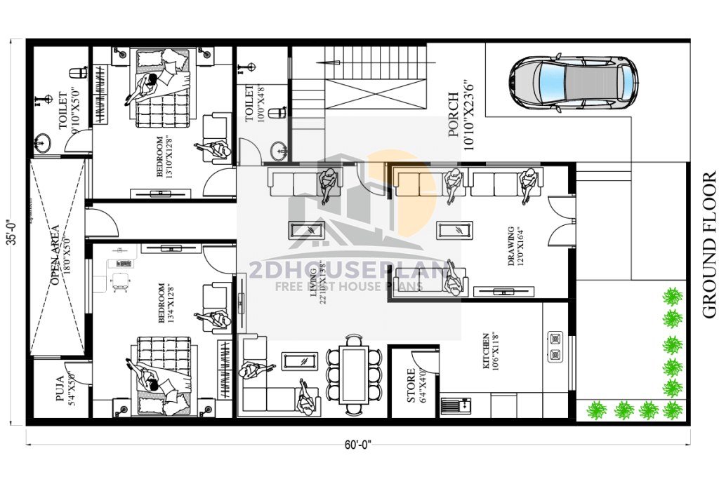 35x60 house plan 2bhk with parking