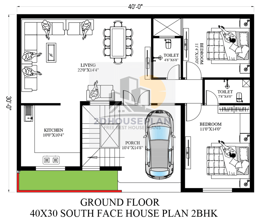40x30 house plan with car parking south facing