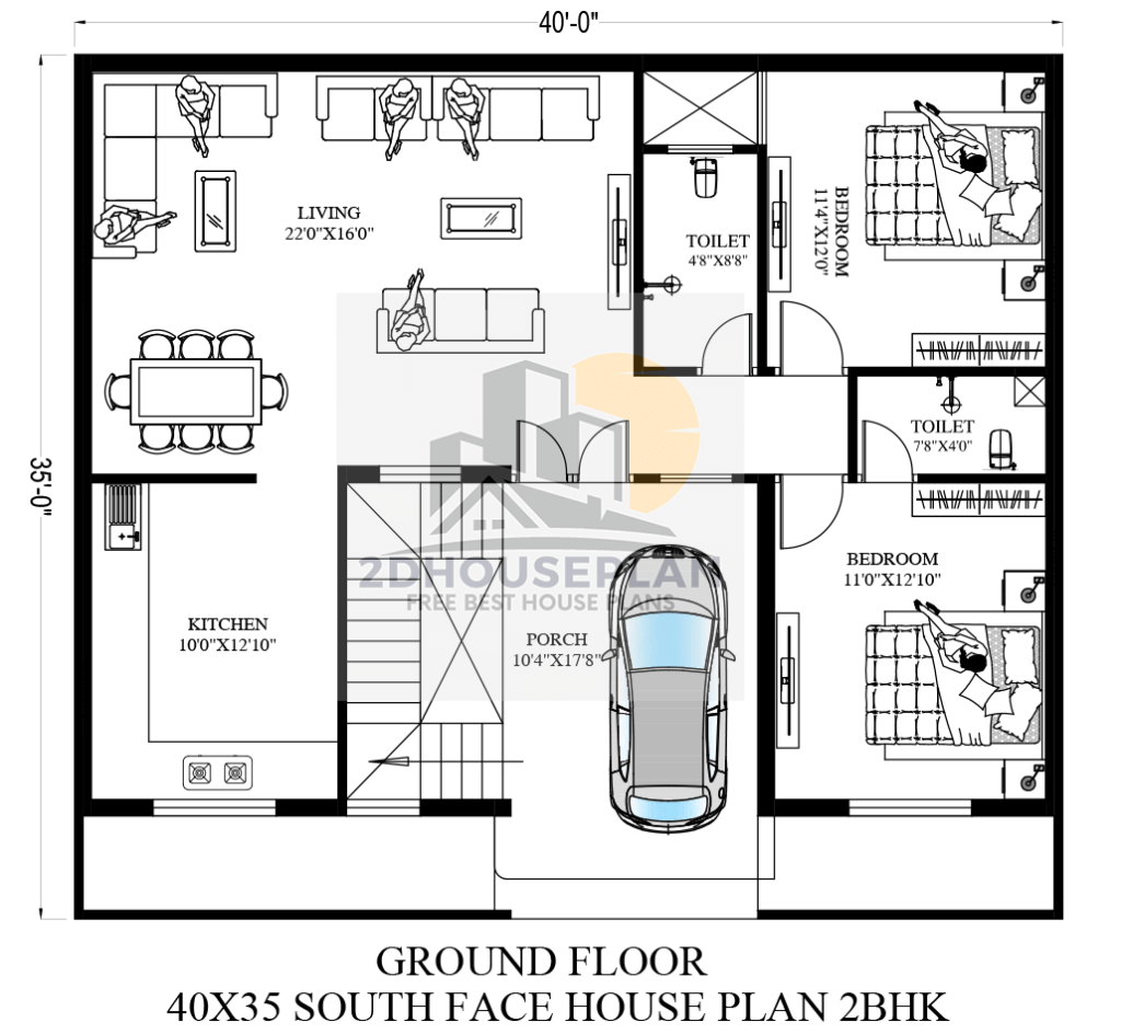 40x35 house plans with car parking 2 bedroom