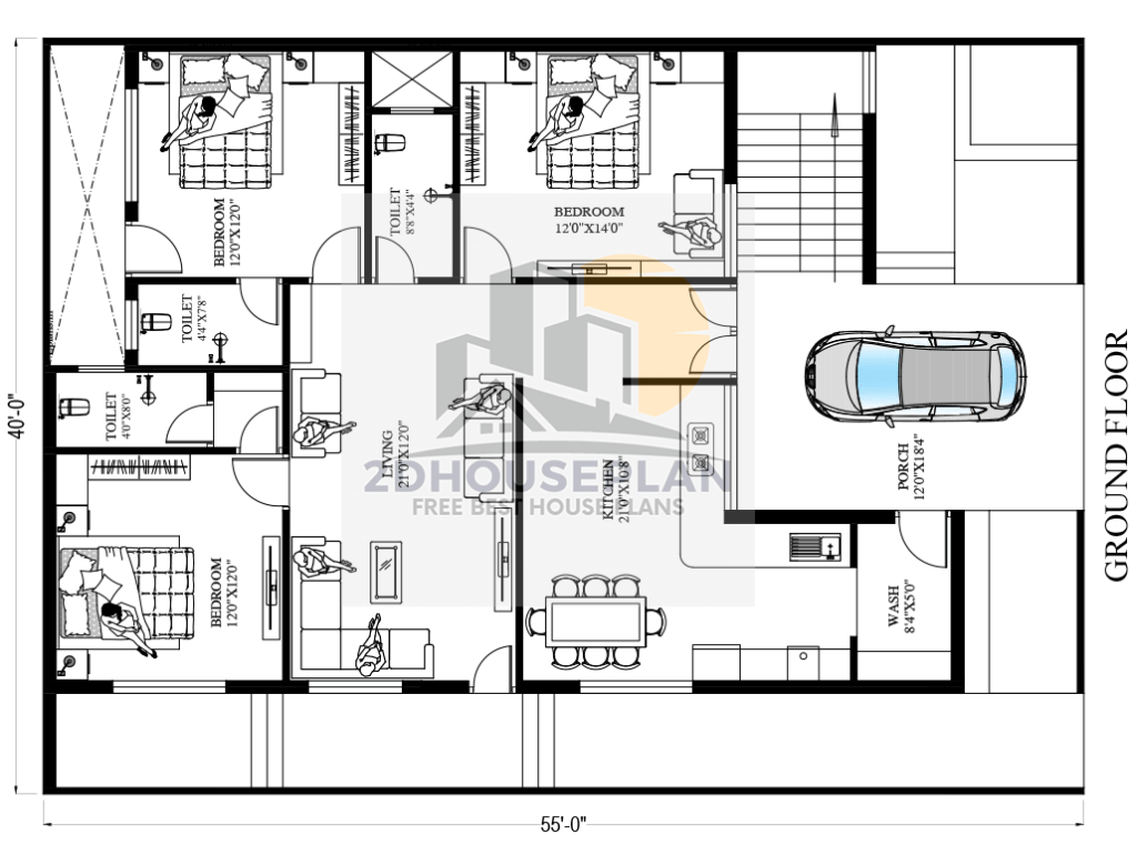 40*55 house plan 3d