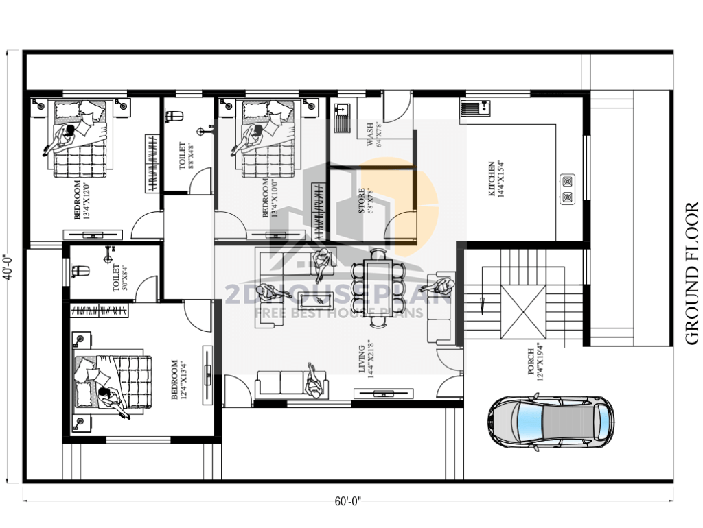 Simple 40 x 60 Feet House Plans 2 Bedroom