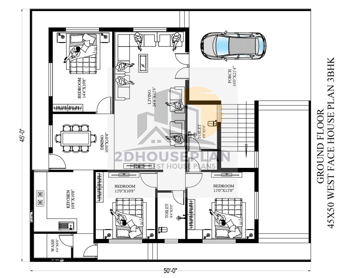 45x50 House Plans 3 Bedroom