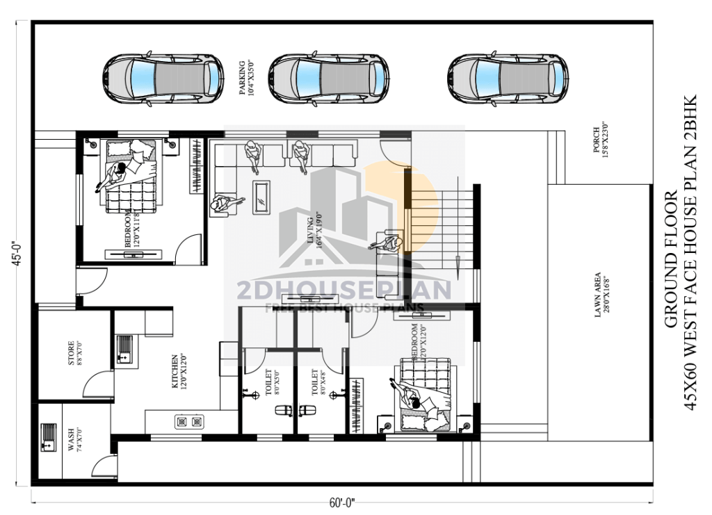 45x60 house plan 2bhk