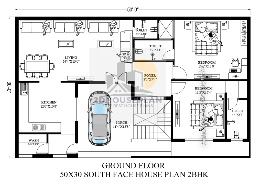 50x30 house plans 2 bedroom south facing