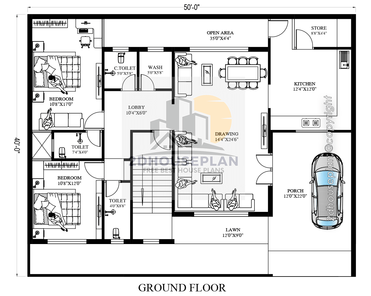 Simple 50x40 House Plans With Garden and Porch