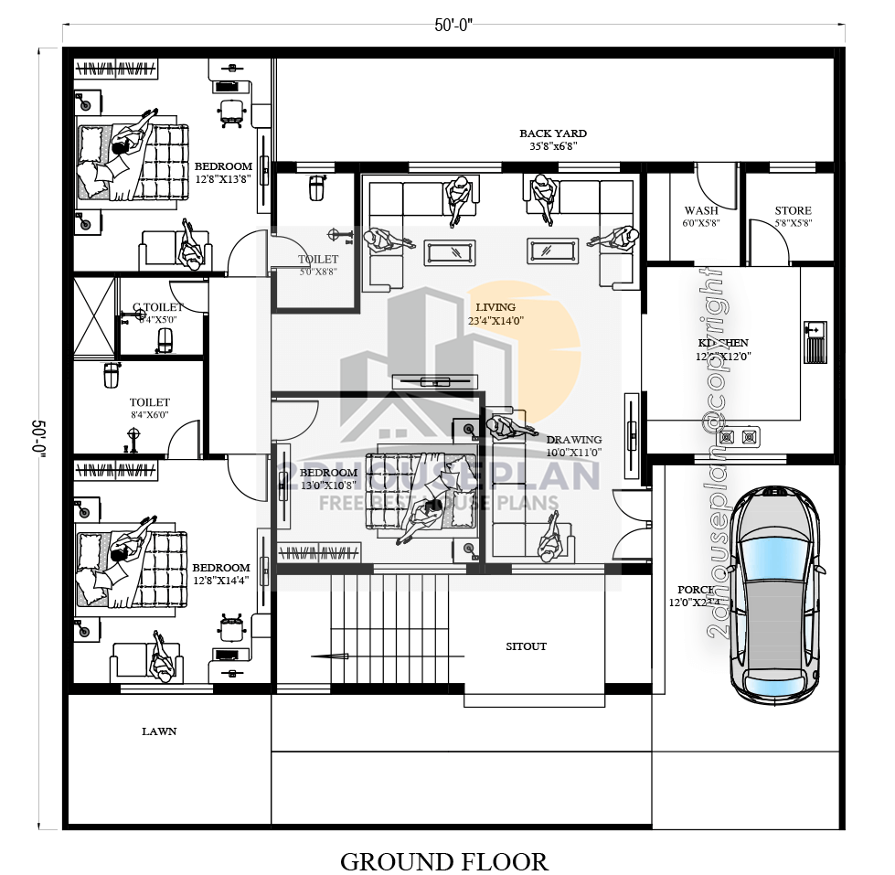 50×50 House Plan Village Style 3 Bedroom