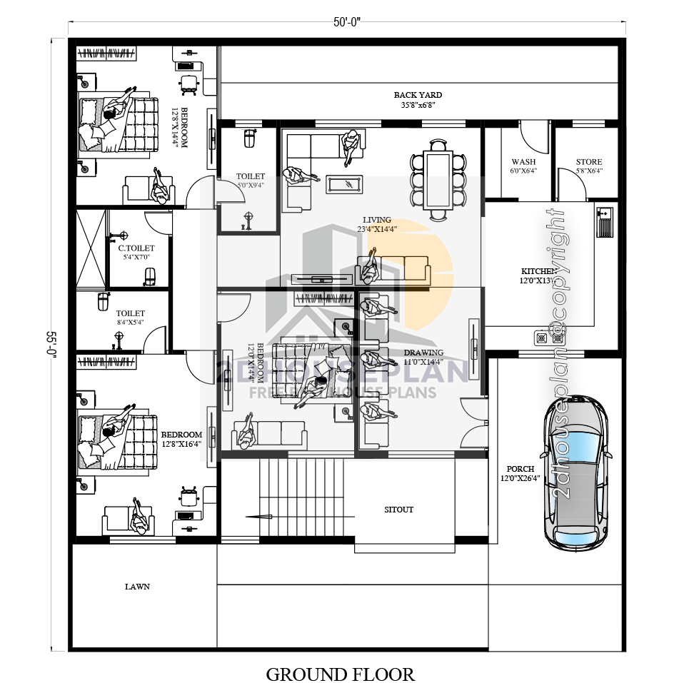 Modern 50x55 House Plan With Car Parking