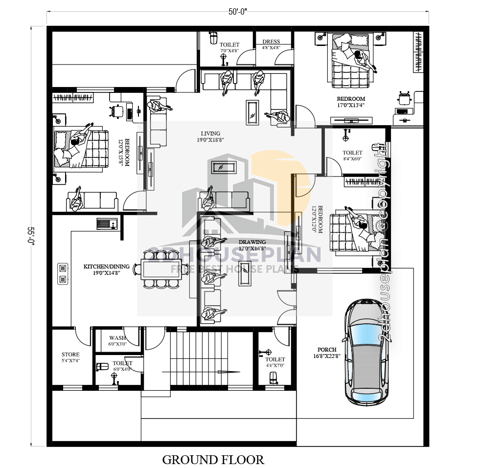 50x55 house plan with car parking