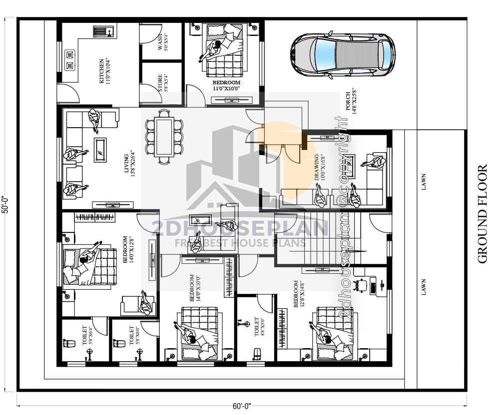 Simple 50 x 60 House Plans With Garden