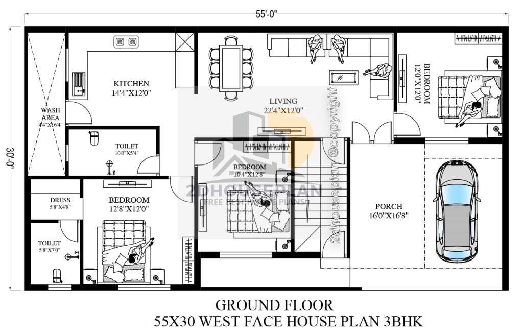 55x30 house plans 3bhk west facing