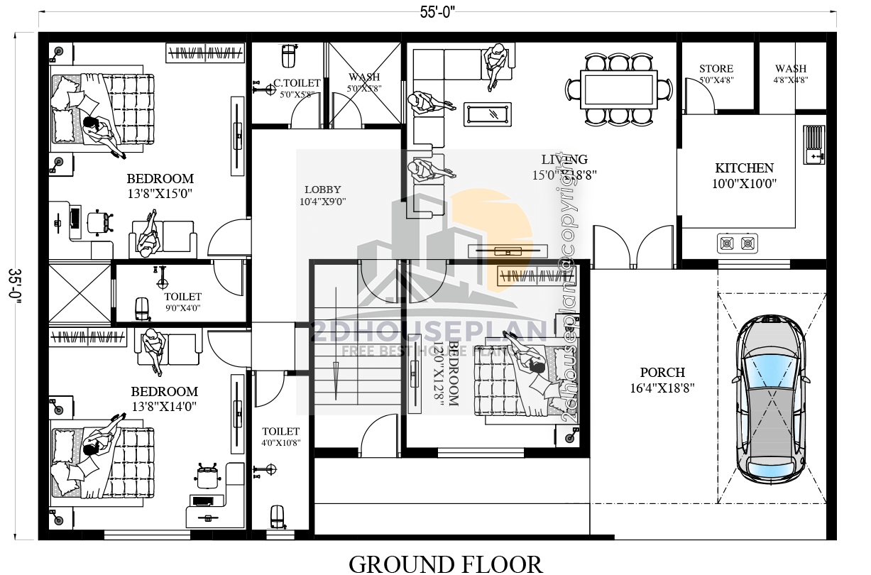55 x 35 house plans 3 bedroom