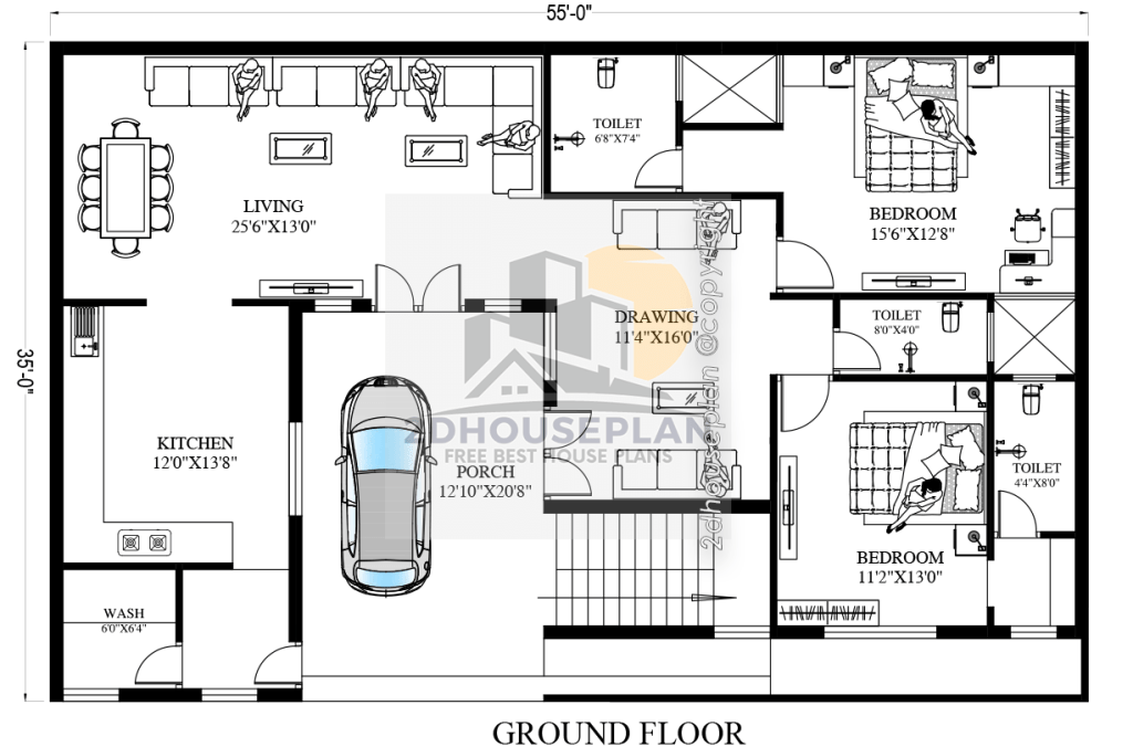 55 by 35 house plan with car parking