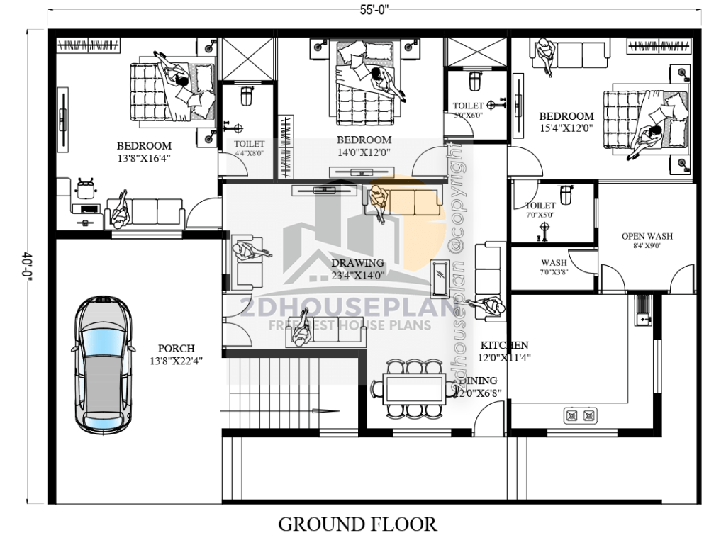 55 x 40 house plans with car parking