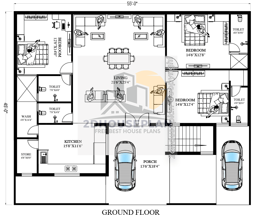 55 x 45 house plan with car parking