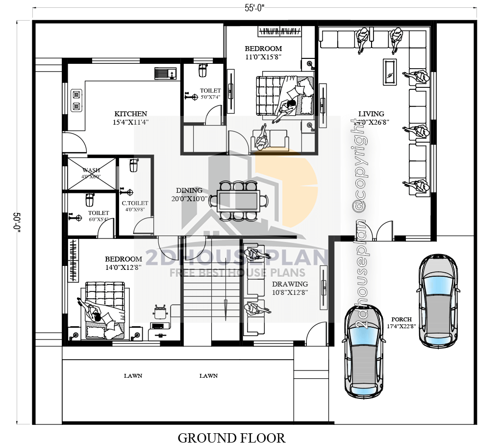 55 by 50 Feet House Plans 3 Bedroom & Parking