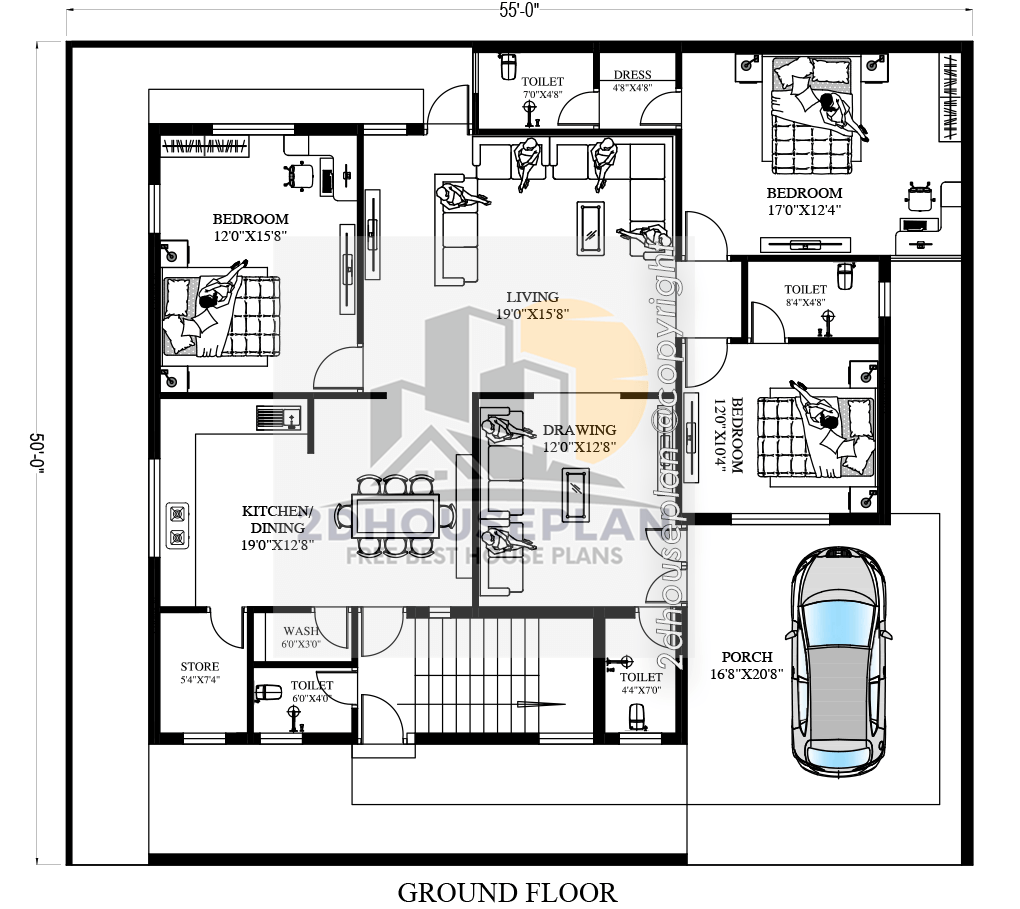 55 by 50 feet house plans with car parking