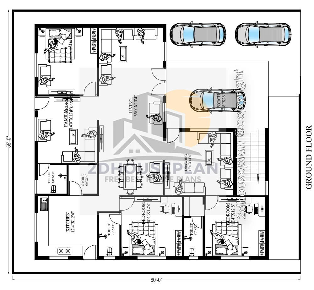 55 x 60 House Plans 3bhk With Garden