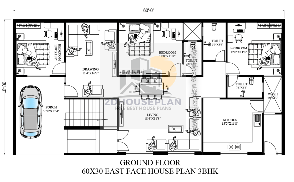 60x30 house plan 3 bedroom