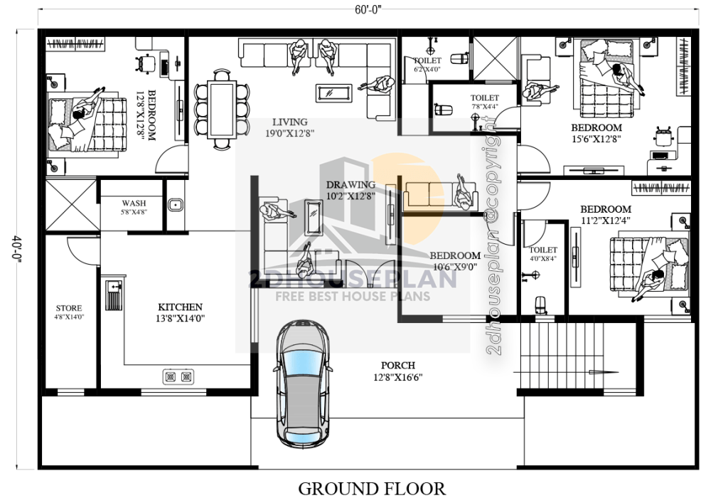 60 x 40 house plans with garden