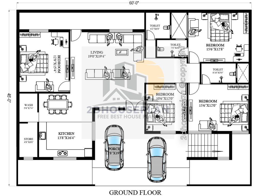 60 x 45 house plan with car parking
