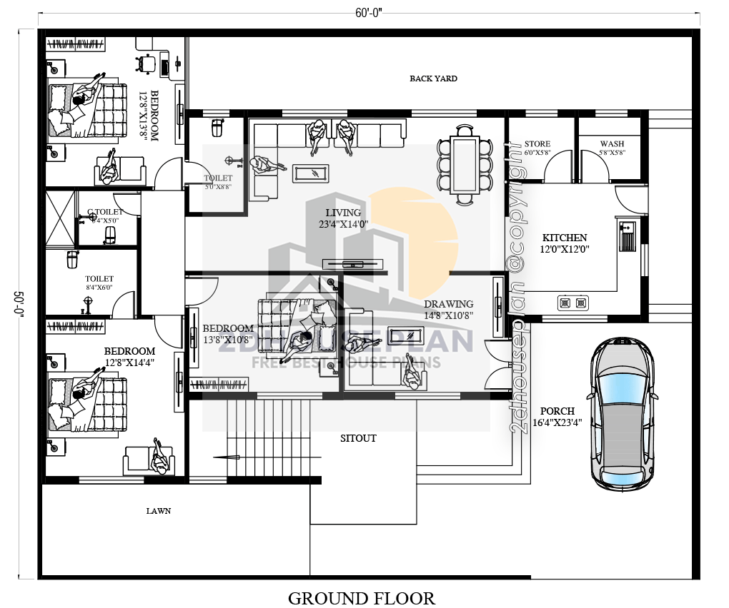 60x50 House Plans With Car Parking Single Story