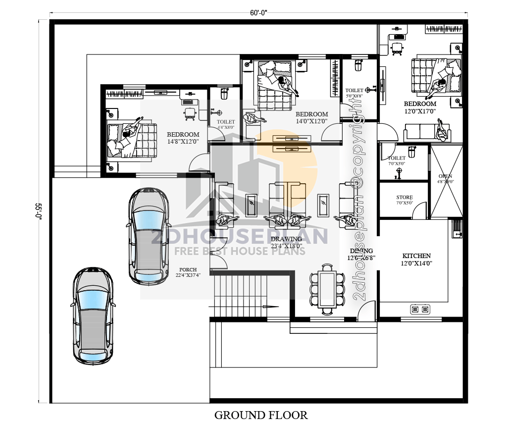 60x55 house plan with 2 car parking