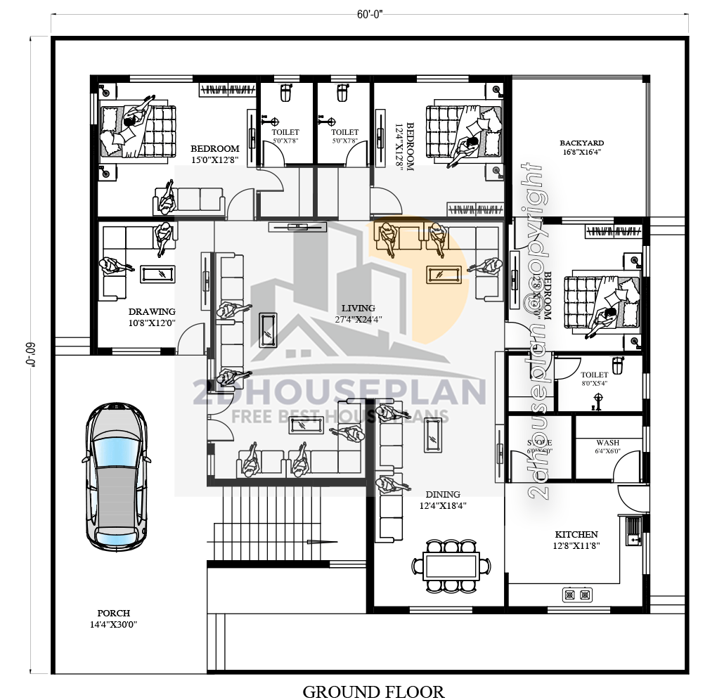 60x60 house plan with car parking